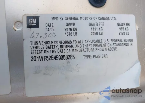 2005 Chevrolet Impala z USA, uszkodzony, nr VIN 2G1WF52E459358285